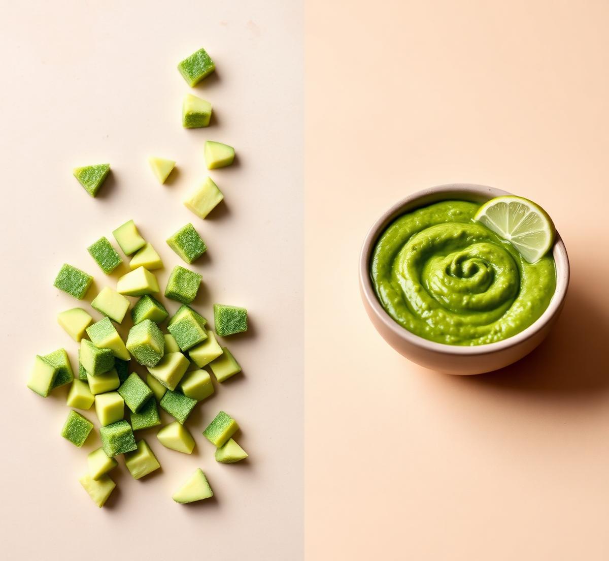 IQF frozen avocado chunks and a bowl of HPP guacamole